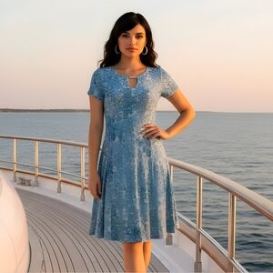 NY Collection Blue A-line Midi Dress with Pleats for Casual Wear Size Medium